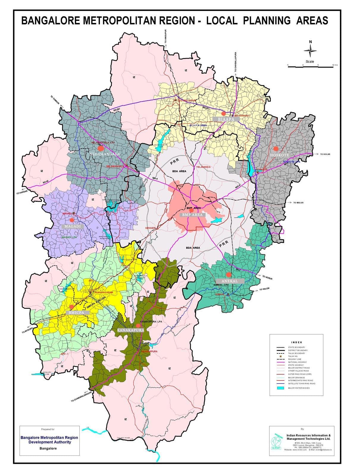 बैंगलोर के नक्शे के साथ क्षेत्रों में
